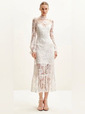 JW PEI Elegant White Lace Midi High-Neck Long-Sleeve Dress Sz 2